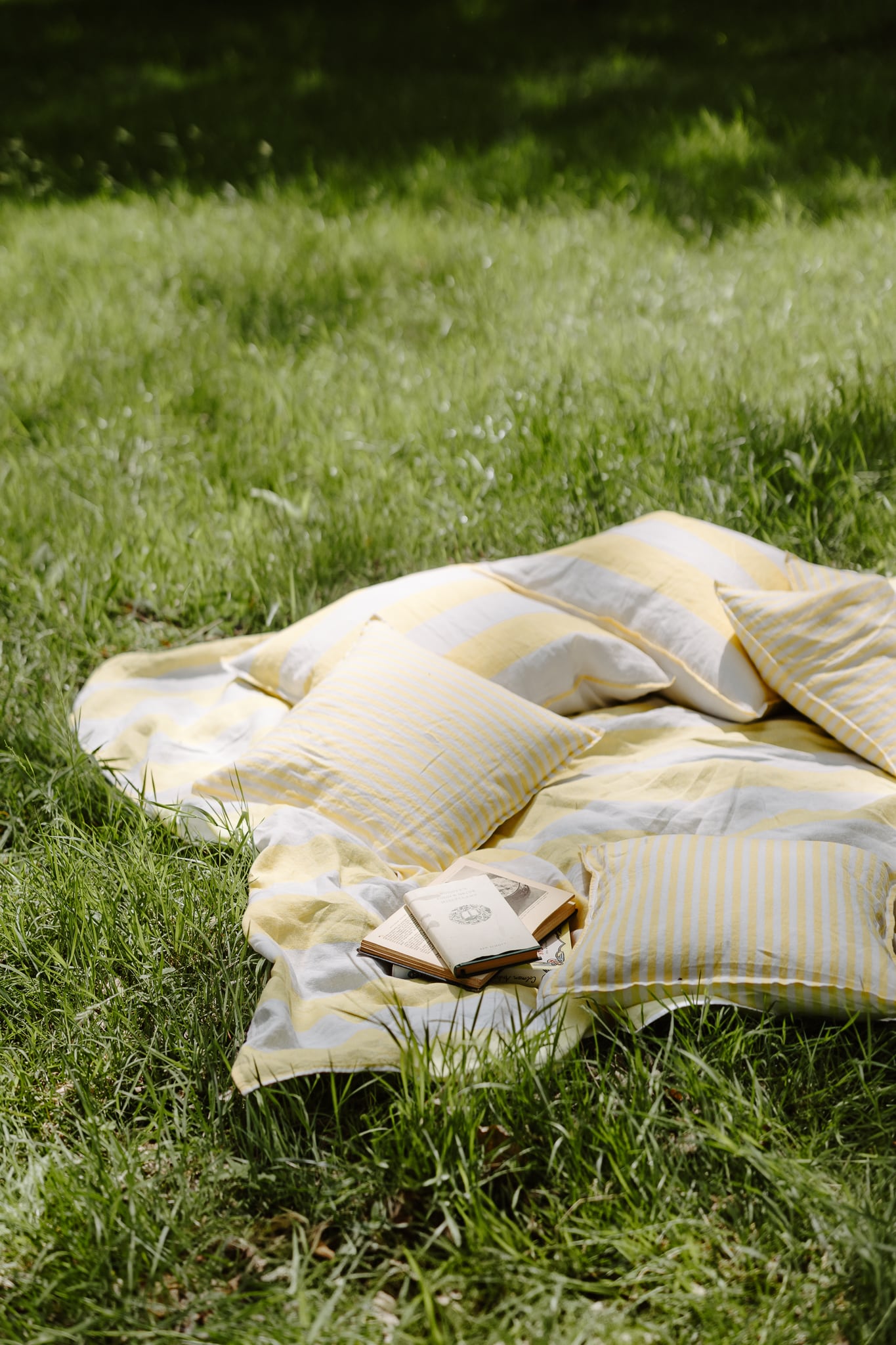 Yellow and white striped blanket with pillows and a book on grass