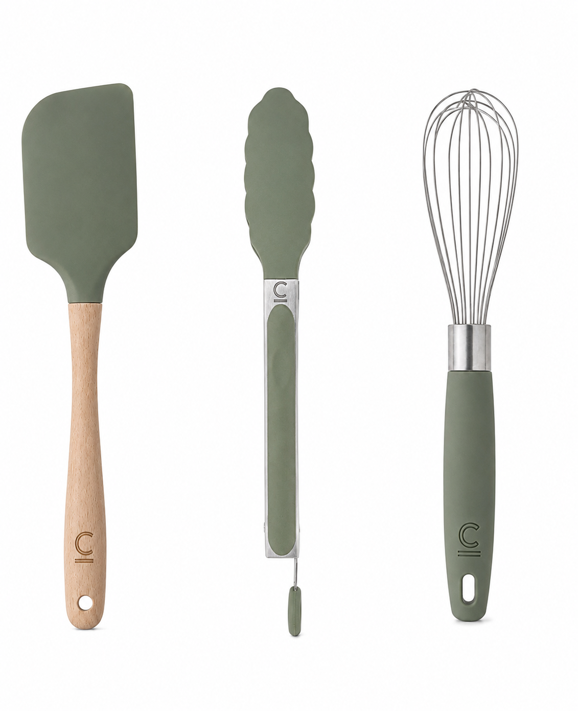 Three kitchen utensils on a white background: a matte olive green spatula with a light wood handle, a matching olive green and silver turner with a small spoon attachment, and a whisk with an olive green handle and silver wire head. Each handle has a circular logo.