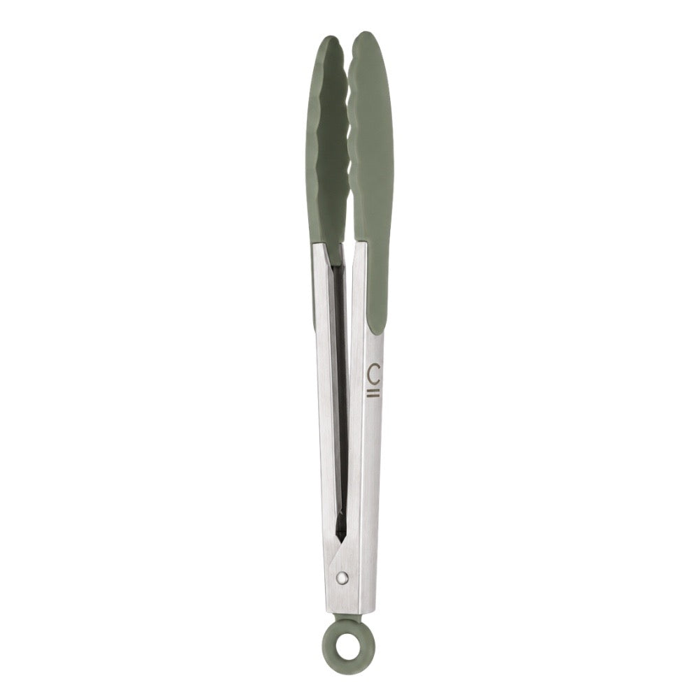 A pair of kitchen tongs with olive green silicone tips and handles, and stainless steel arms, shown vertically on a plain white background.