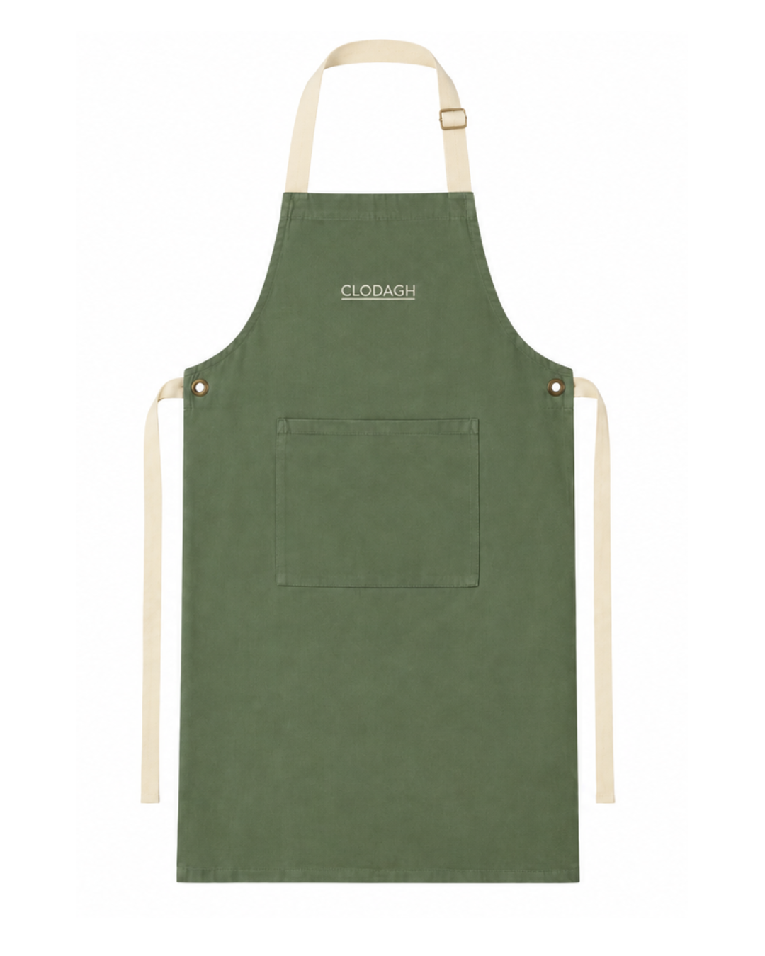 An olive green kitchen apron with cream-colored neck strap, waist ties, and a front pocket, featuring the brand name 'CLODAGH' printed in white near the top center.