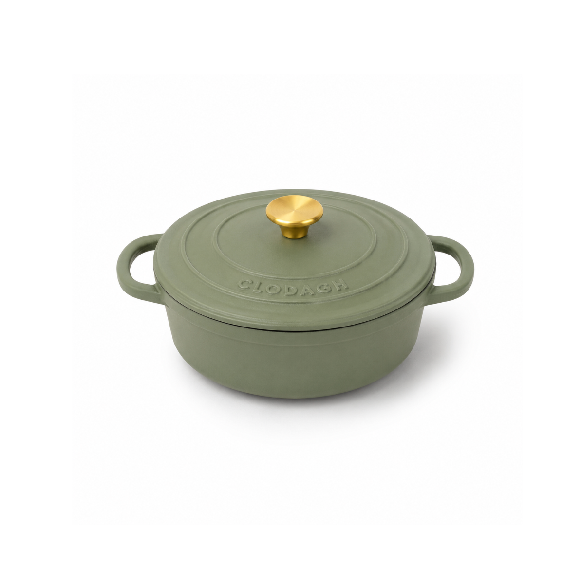 An olive green enameled cast iron pot with a matching lid and a gold-colored knob, shown on a clean white background.