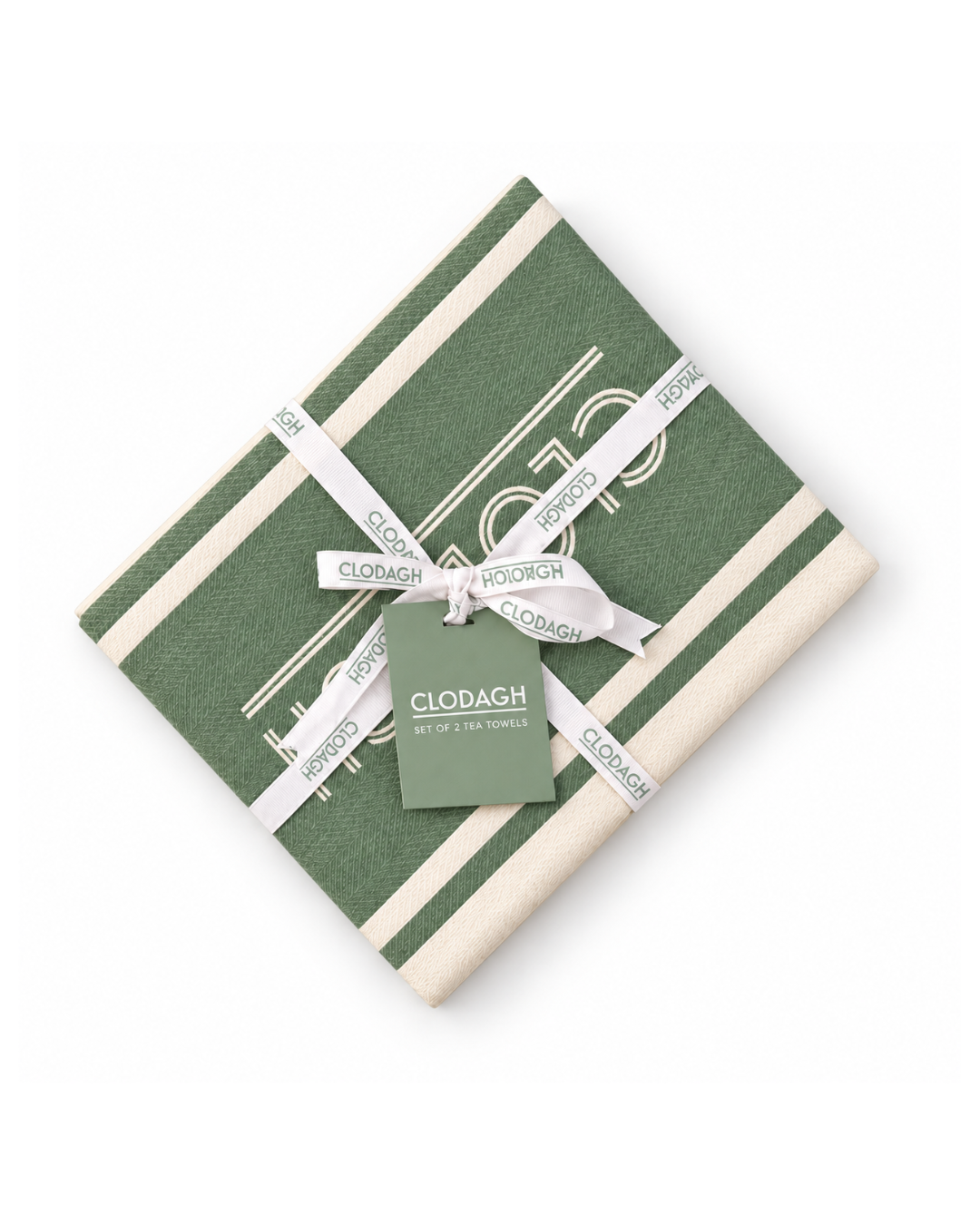 A folded green and cream striped fabric item, likely a napkin or small table linen, wrapped with a white ribbon printed with the brand name 'CLODAGH' and a matching green tag, shown on a plain white background.