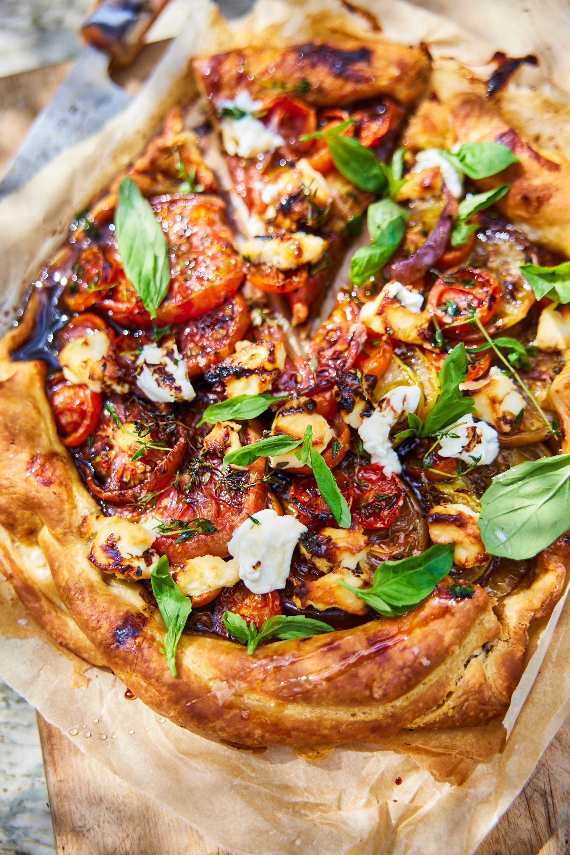 QUICK AND EASY BALSAMIC ROASTED TOMATO TART WITH BURRATA AND BASIL