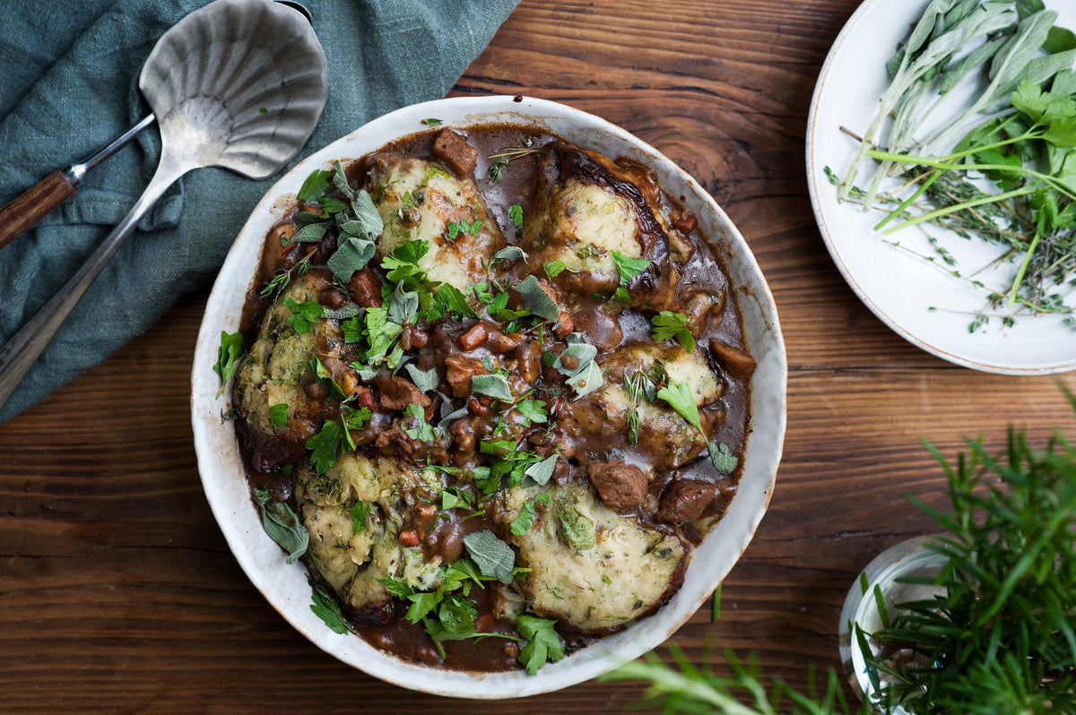 CHOCOLATE GUINNESS BEEF CASSEROLE WITH HERBY POTATO DUMPLINGS