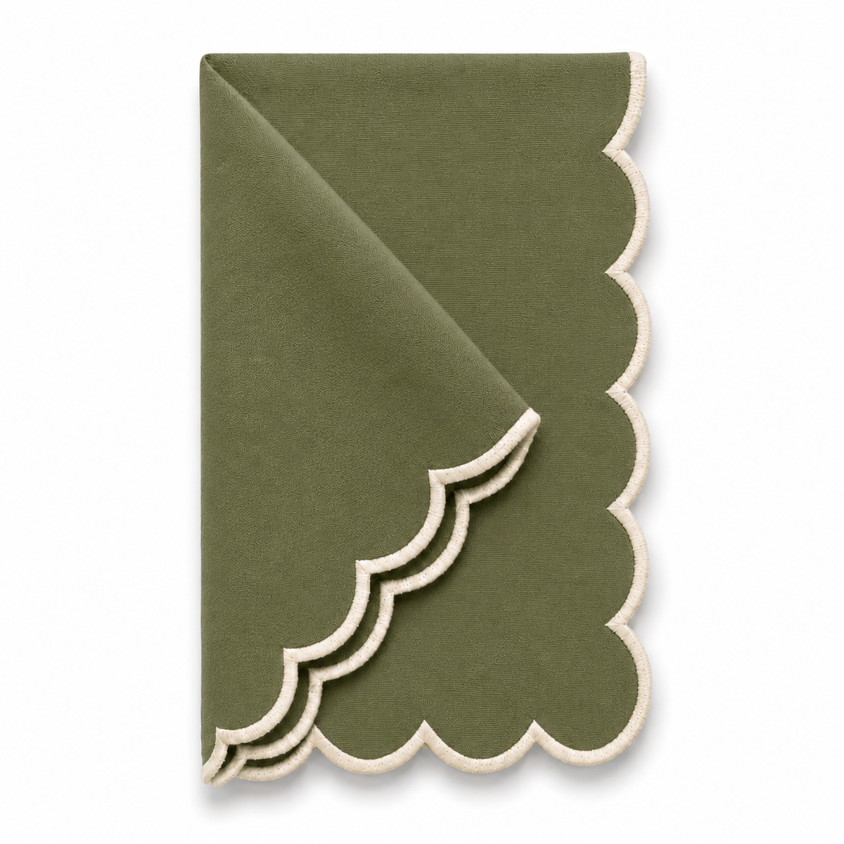 An olive green cloth napkin with a scalloped edge, folded diagonally on a clean white background.