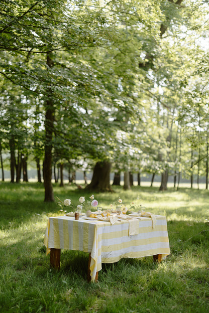 Table set with a yellow and white striped tablecloth in a park setting