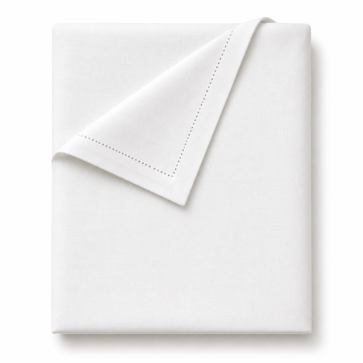 A folded white cotton table cloth with delicate double-pointed hemstitching along one corner, shown on a clean white background.