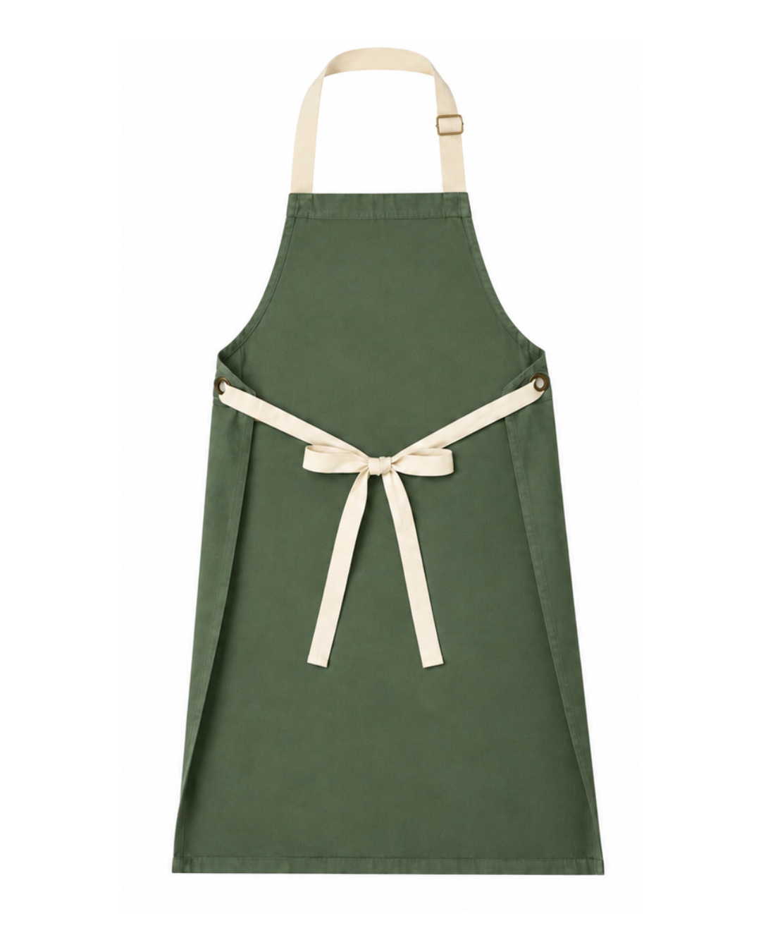 An olive green bib apron with a cream neck strap and waist tie, shown flat against a solid white background.