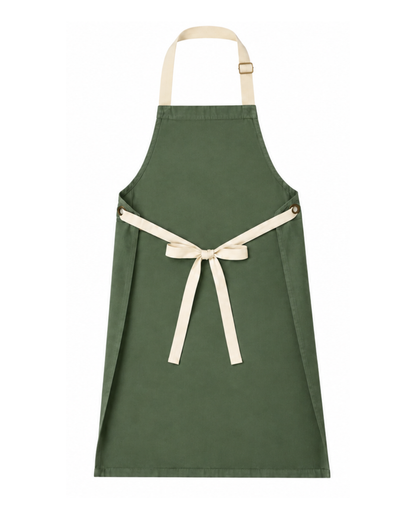 An olive green bib apron with a cream neck strap and waist tie, shown flat against a solid white background.