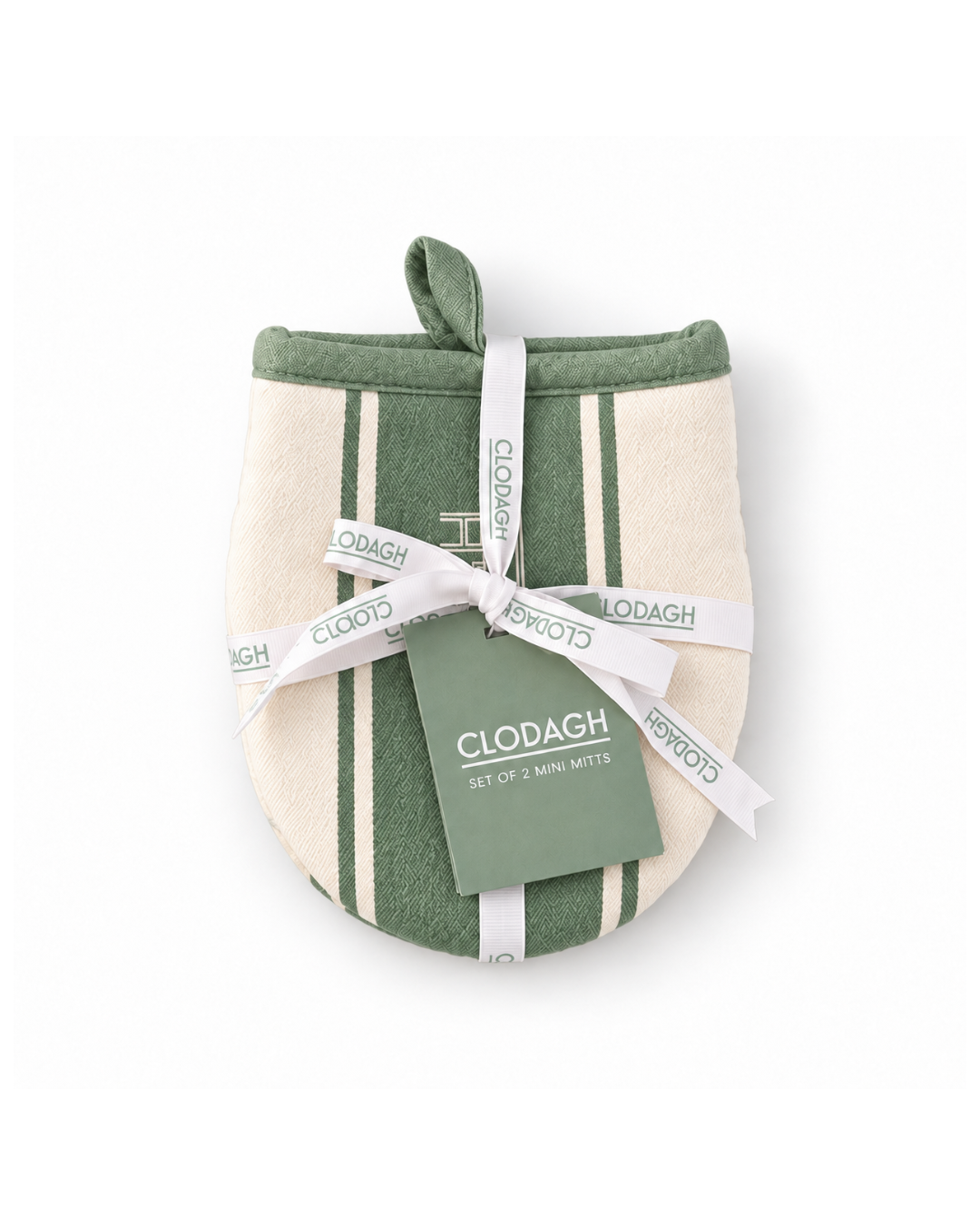 A set of two Clogdach hand wash mitts in sage green and cream, tied together with a white ribbon and a green brand tag, on a white background.