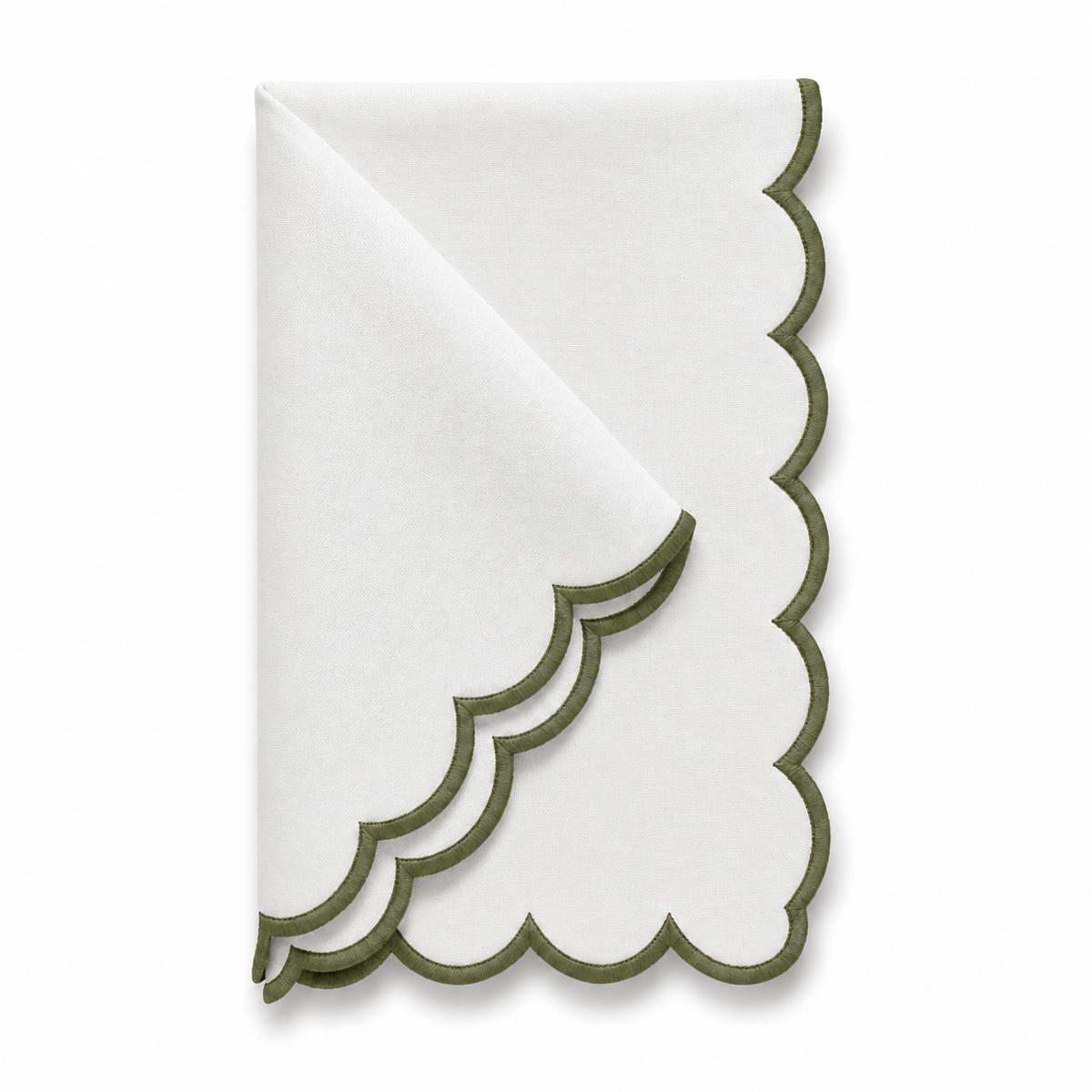 A folded white paper napkin with a scalloped edge and olive green trim, shown on a clean white background.